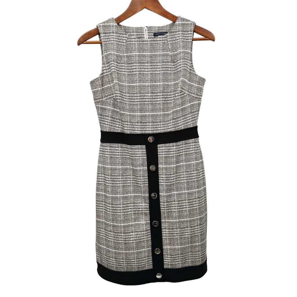 Tommy Hilfiger Sleeveless Shift Dress Brown Plaid Tweed Print Women's 4 Petite